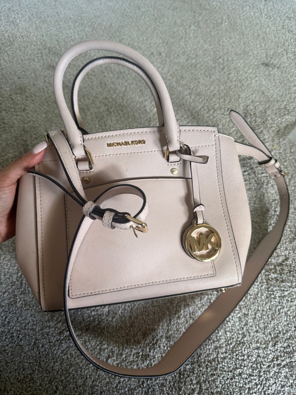 MICHAEL KORS Blush Pink Saffiano Leather Satchel with Gold Charm